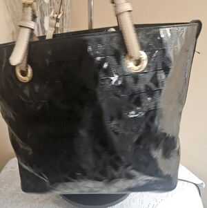 Michael Kors Shiny Black Tote with Beige Handles